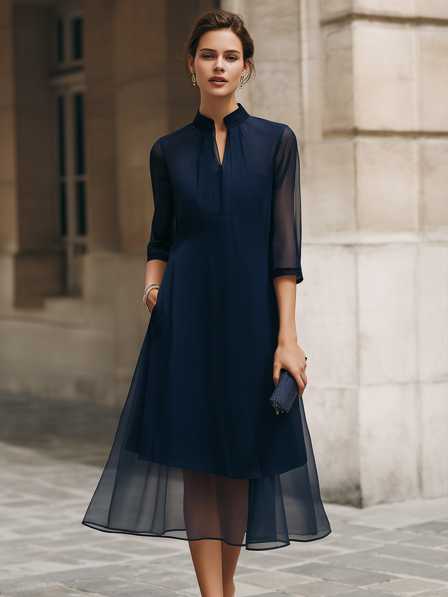 Rochie midi cu guler mandarin și suprapunere transparentă