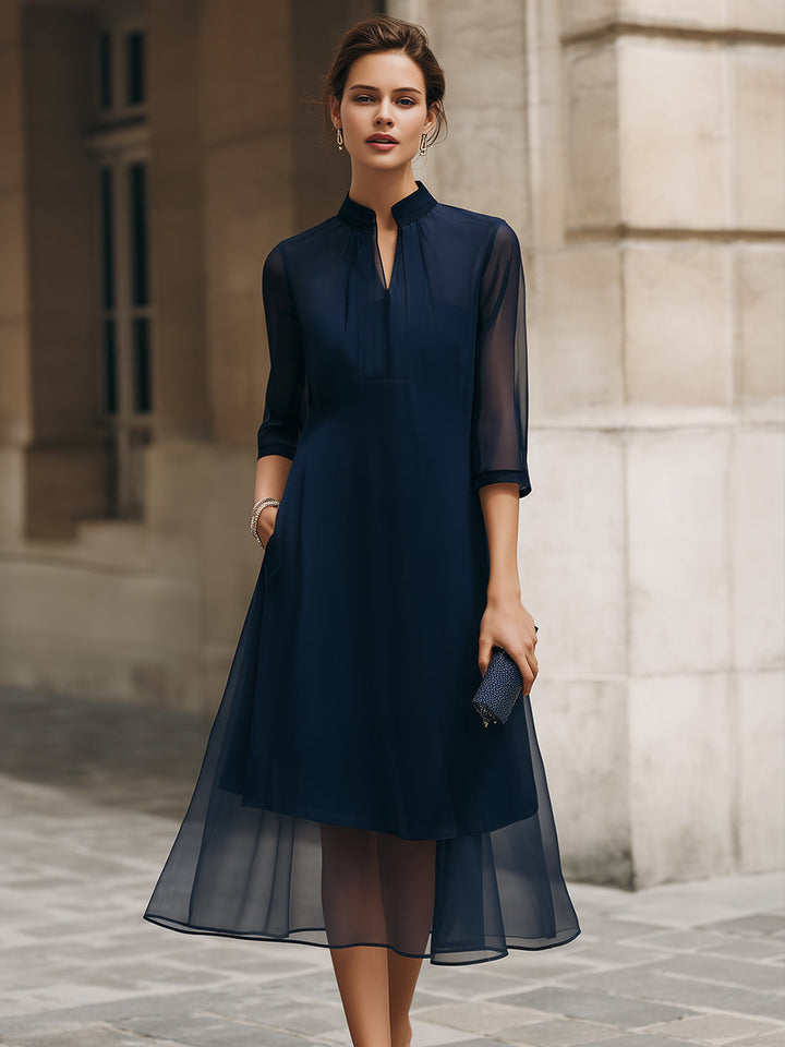 Rochie midi cu guler mandarin și suprapunere transparentă