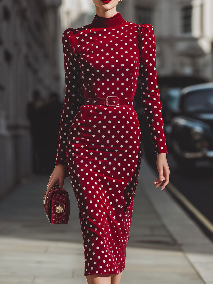 Rochie Midi Vintage din Velur cu Buline Roșii