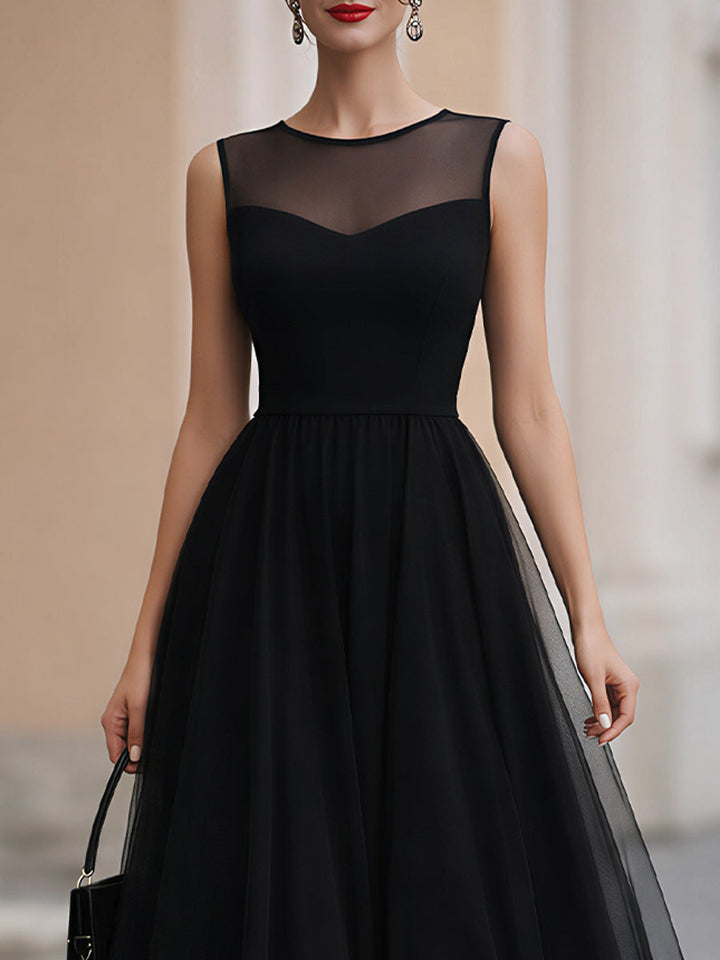 Rochie midi neagră din tul, fără mâneci