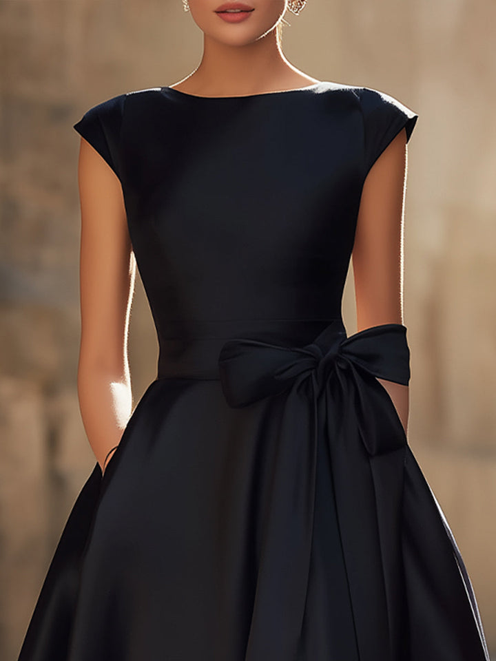 Eleganță atemporală Rochie midi în linie A, cu decolteu barcă și fundă supradimensionată