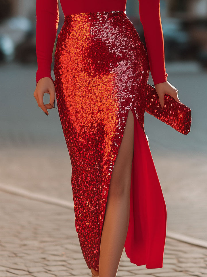 Rochie midi strălucitoare roșie în două tonuri cu paiete