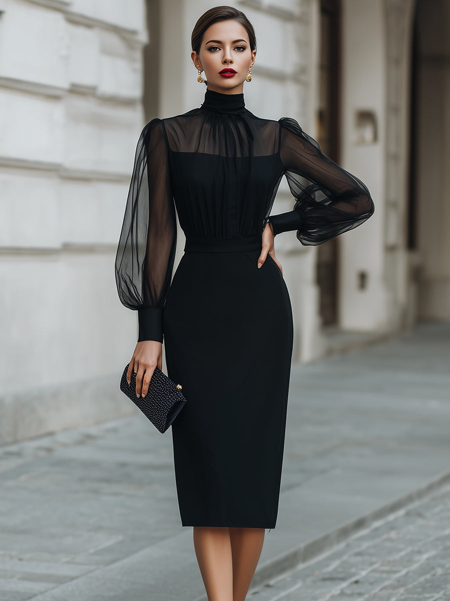 Rochie midi cu guler înalt și mâneci transparente