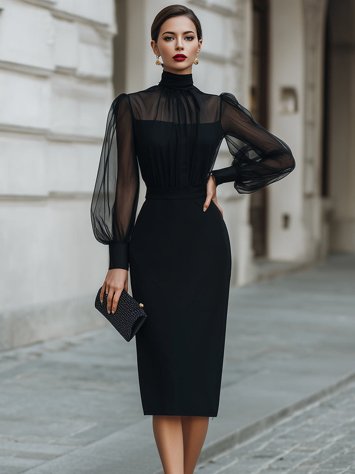 Rochie midi cu guler înalt și mâneci transparente
