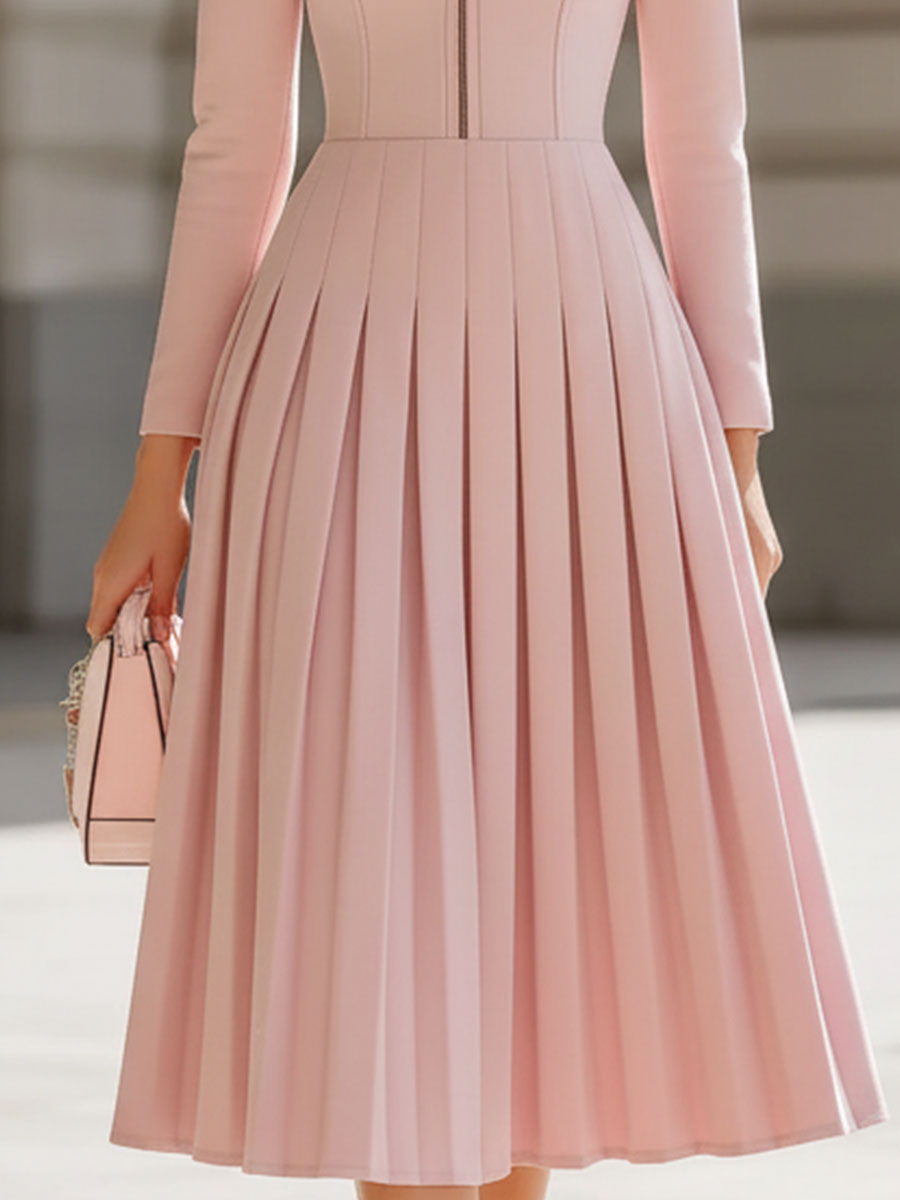 Rochie Midi Elegantă Plisată Roz cu Guler Ridicat
