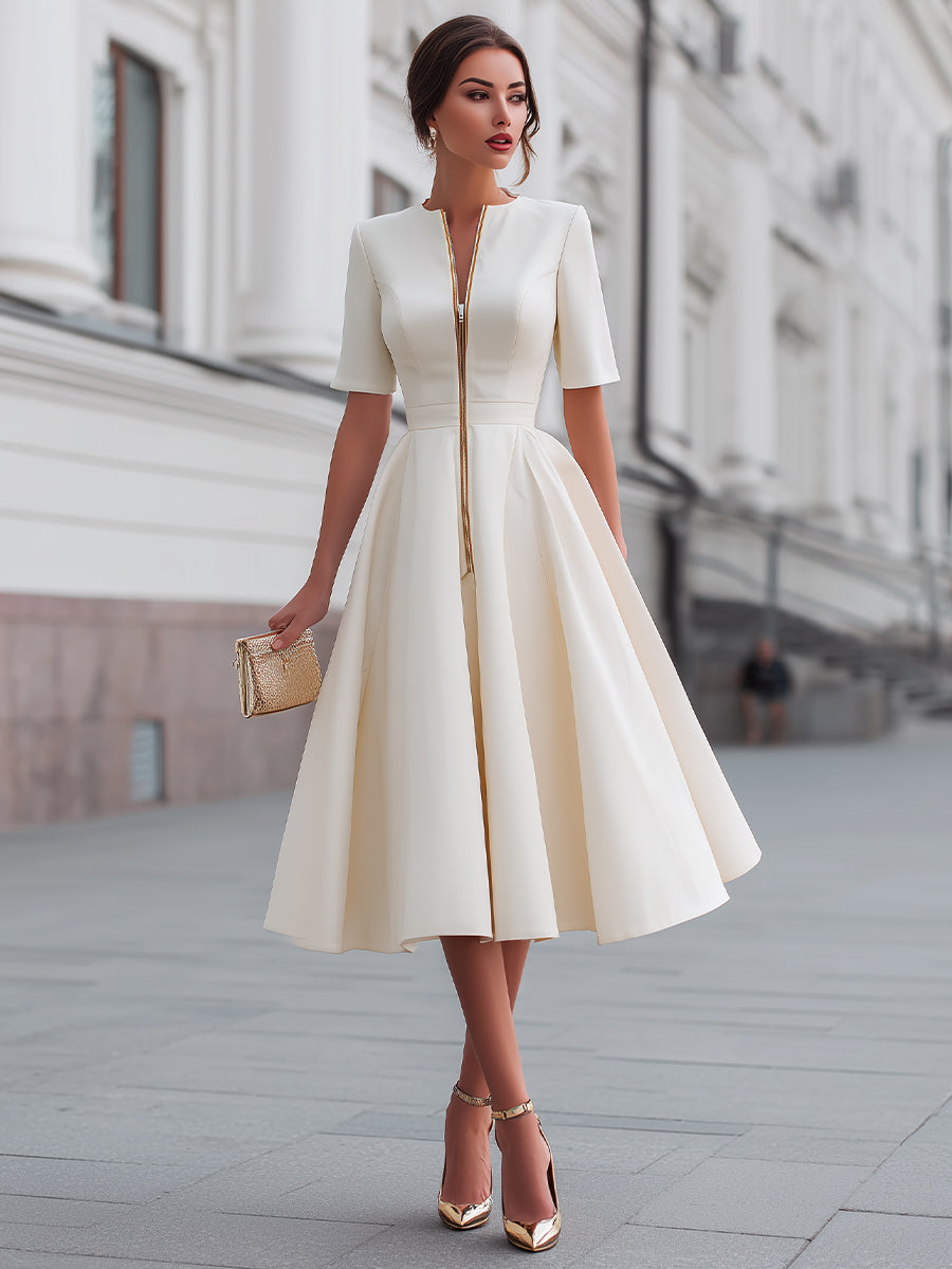 Rochie midi cu mâneci scurte și fermoar în față, model fit and flare