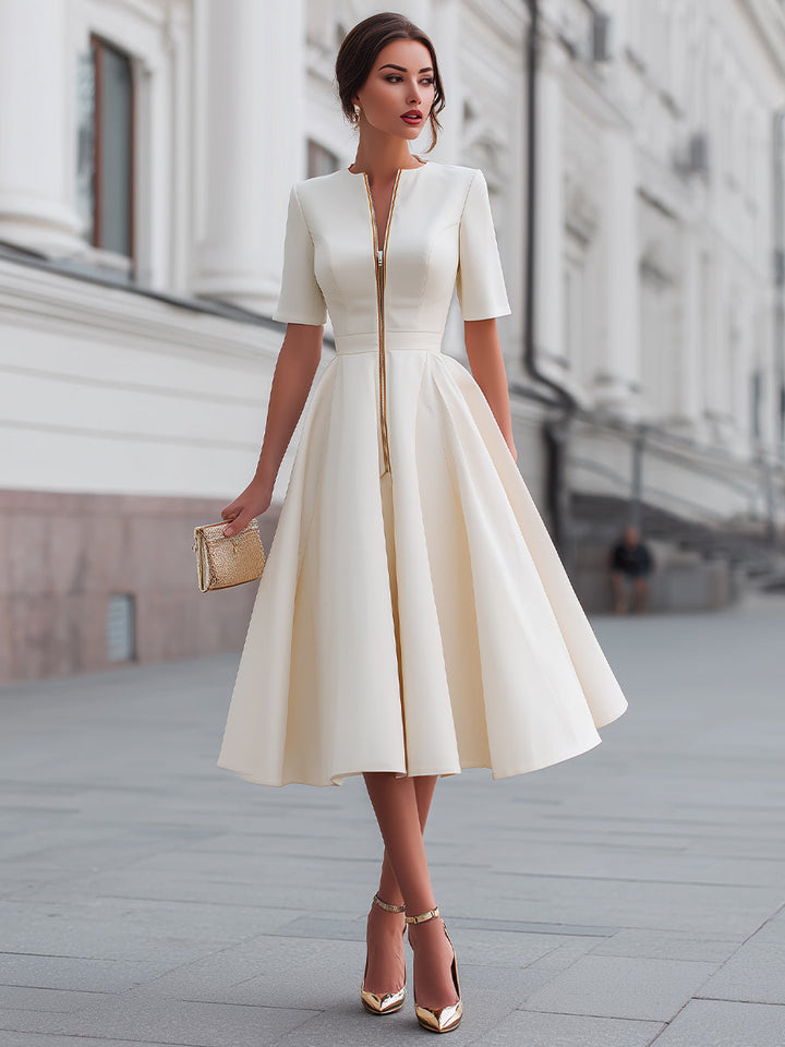 Rochie midi cu mâneci scurte și fermoar în față, model fit and flare