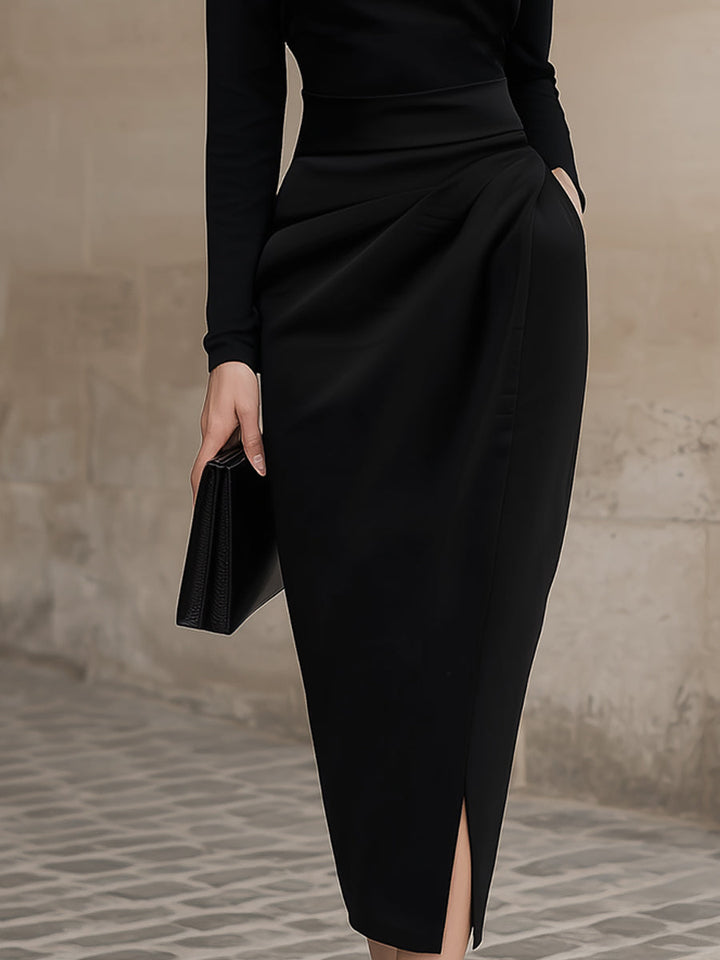 Rochie midi elegantă neagră cu guler înalt