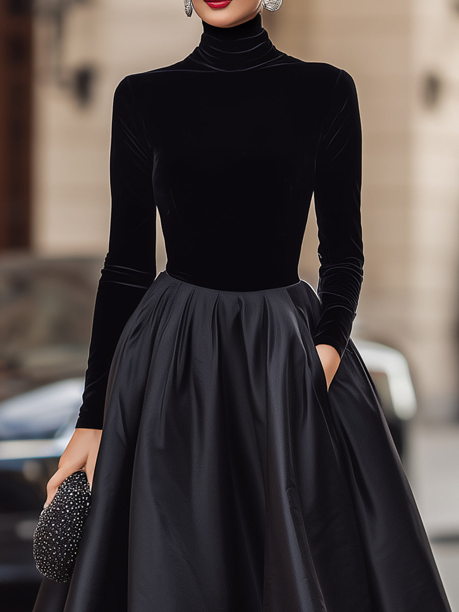 Rochie midi elegantă neagră din catifea și satin