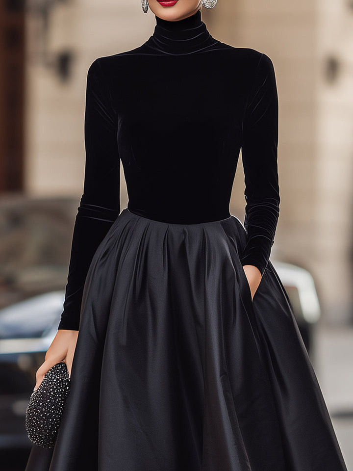 Rochie midi elegantă neagră din catifea și satin