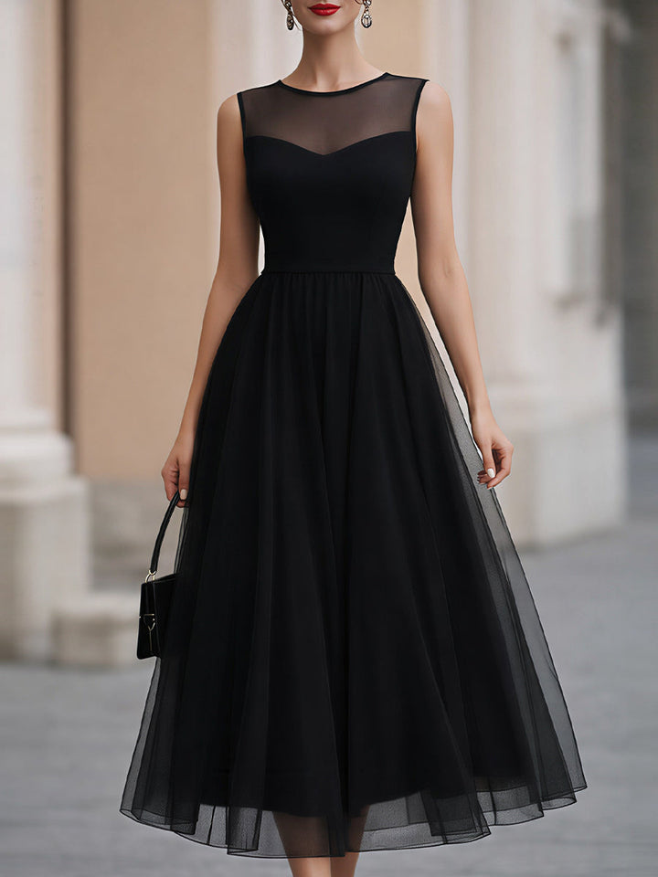Rochie midi neagră din tul, fără mâneci