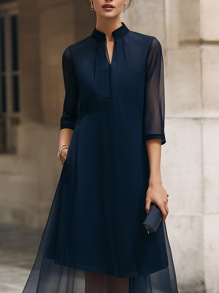 Rochie midi cu guler mandarin și suprapunere transparentă