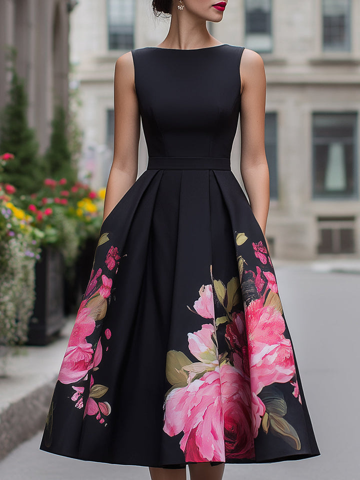 Rochie Midi Elegantă, Fără Mâneci, cu Imprimeu Floral pe Fustă