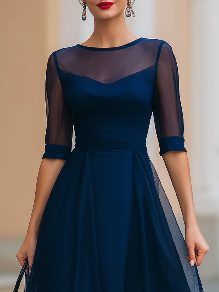 Rochie midi albastru marin, transparentă, tip fit-and-flare