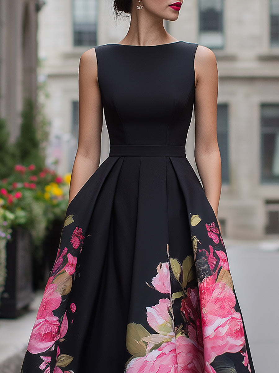 Rochie Midi Elegantă, Fără Mâneci, cu Imprimeu Floral pe Fustă