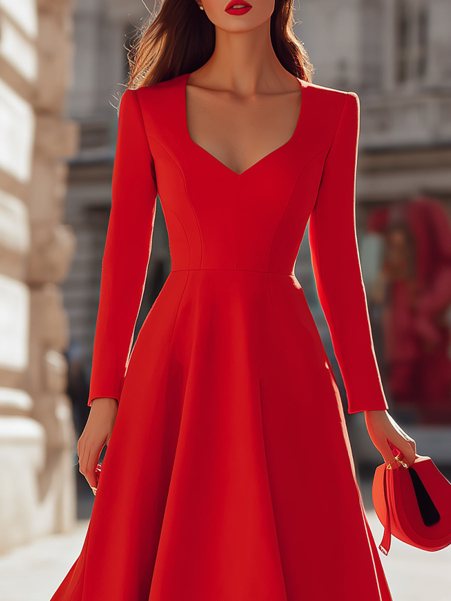 Rochie midi elegantă roșie cu decolteu în V