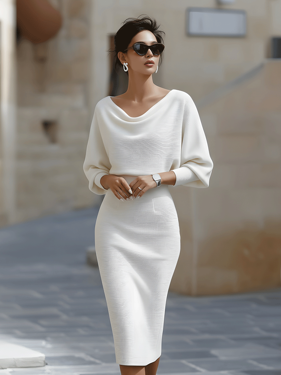 Rochie Midi Albă Drapată cu Mâneci Lărgite