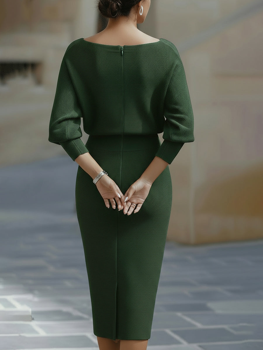 Rochie Midi Albă Drapată cu Mâneci Lărgite