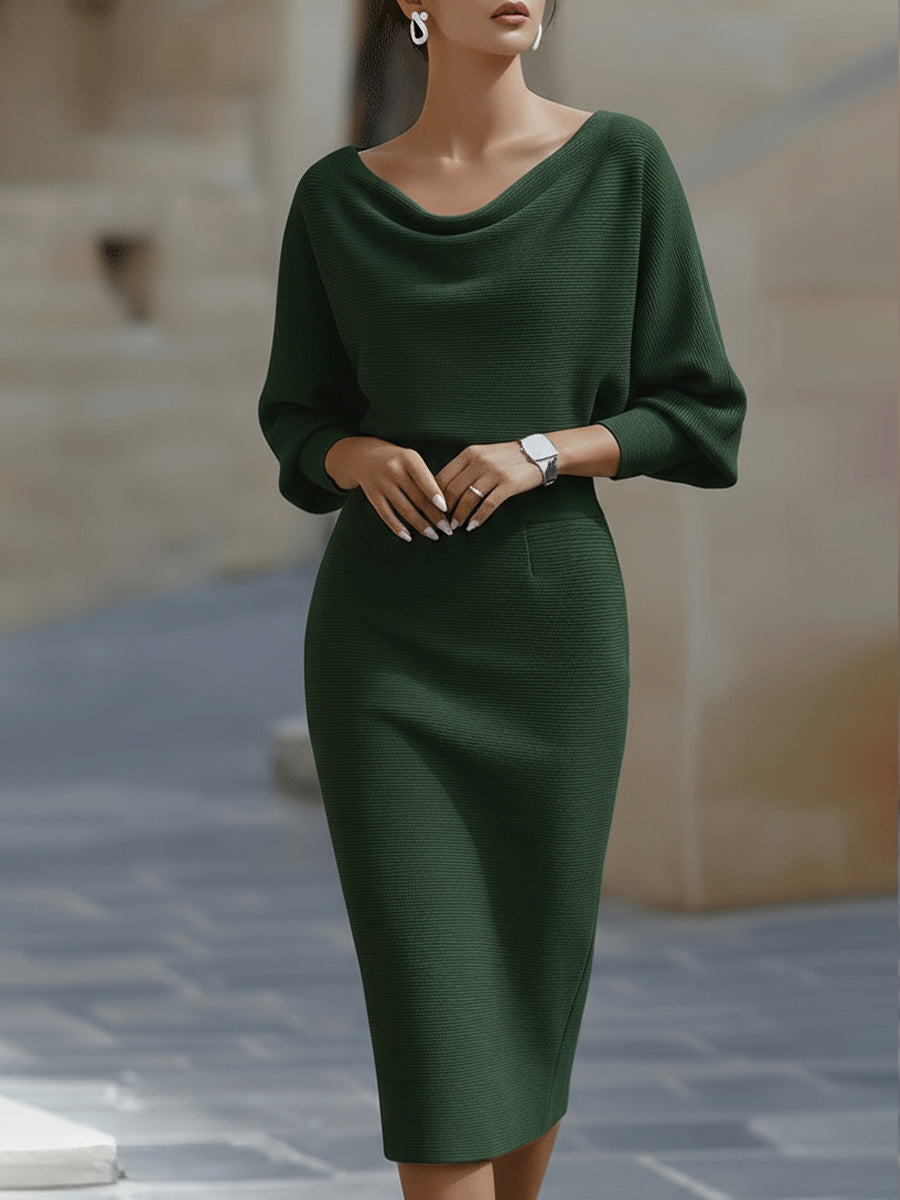 Rochie Midi Albă Drapată cu Mâneci Lărgite