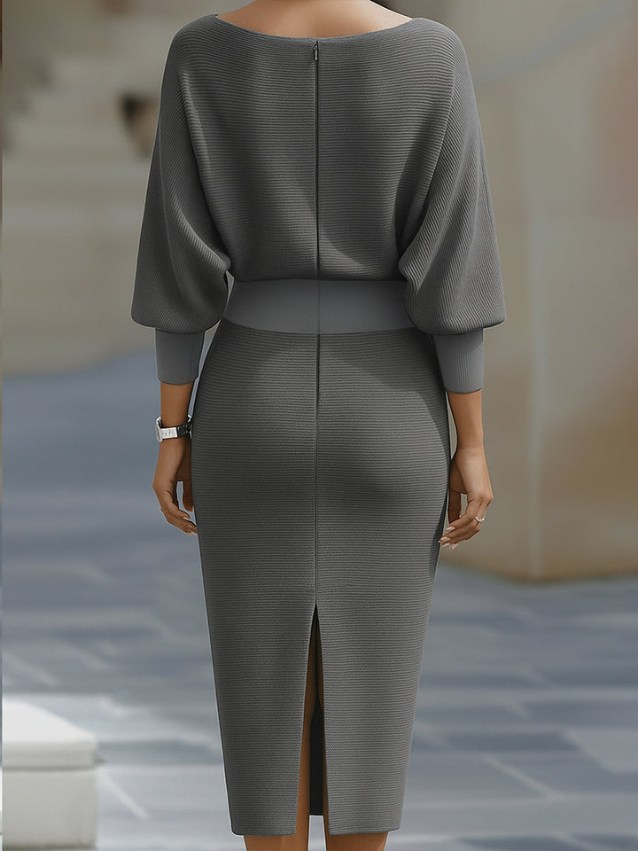 Rochie Midi Albă Drapată cu Mâneci Lărgite