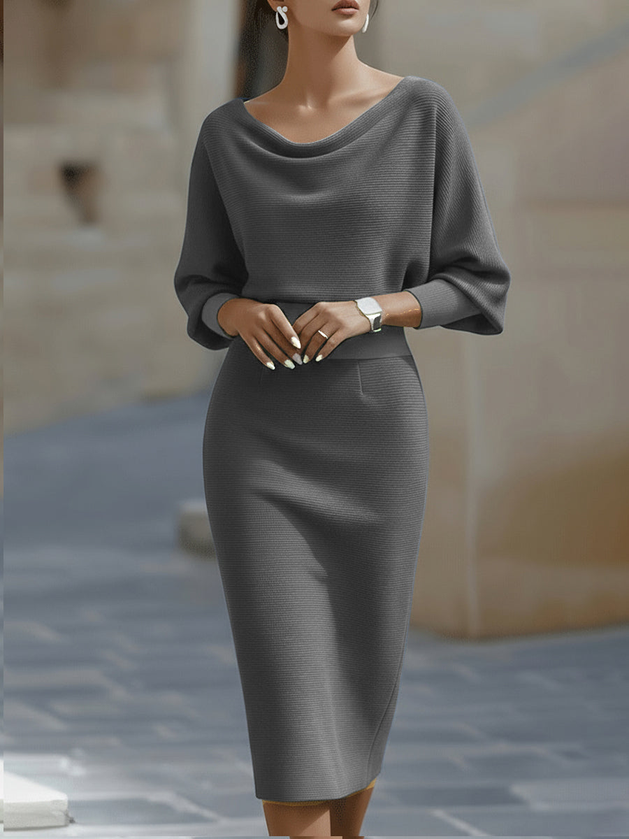 Rochie Midi Albă Drapată cu Mâneci Lărgite