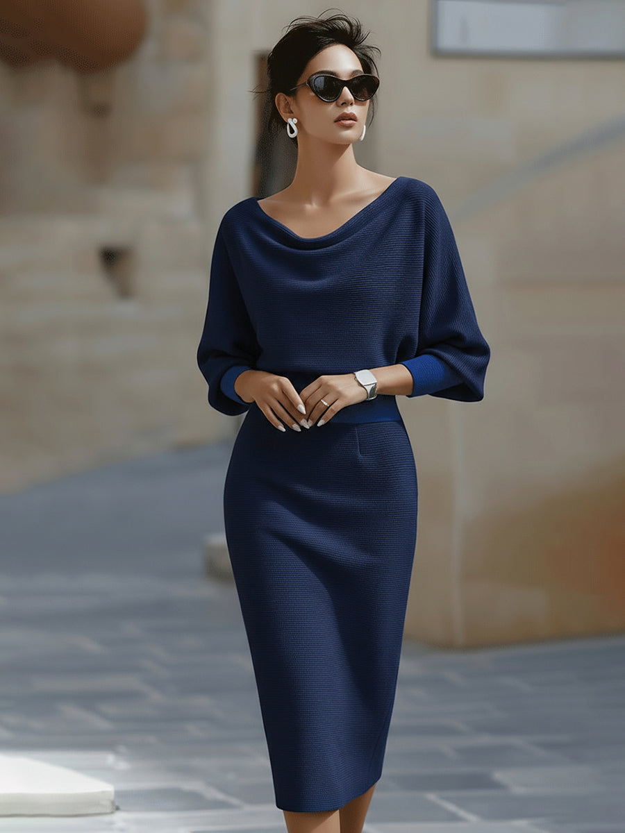 Rochie Midi Albă Drapată cu Mâneci Lărgite